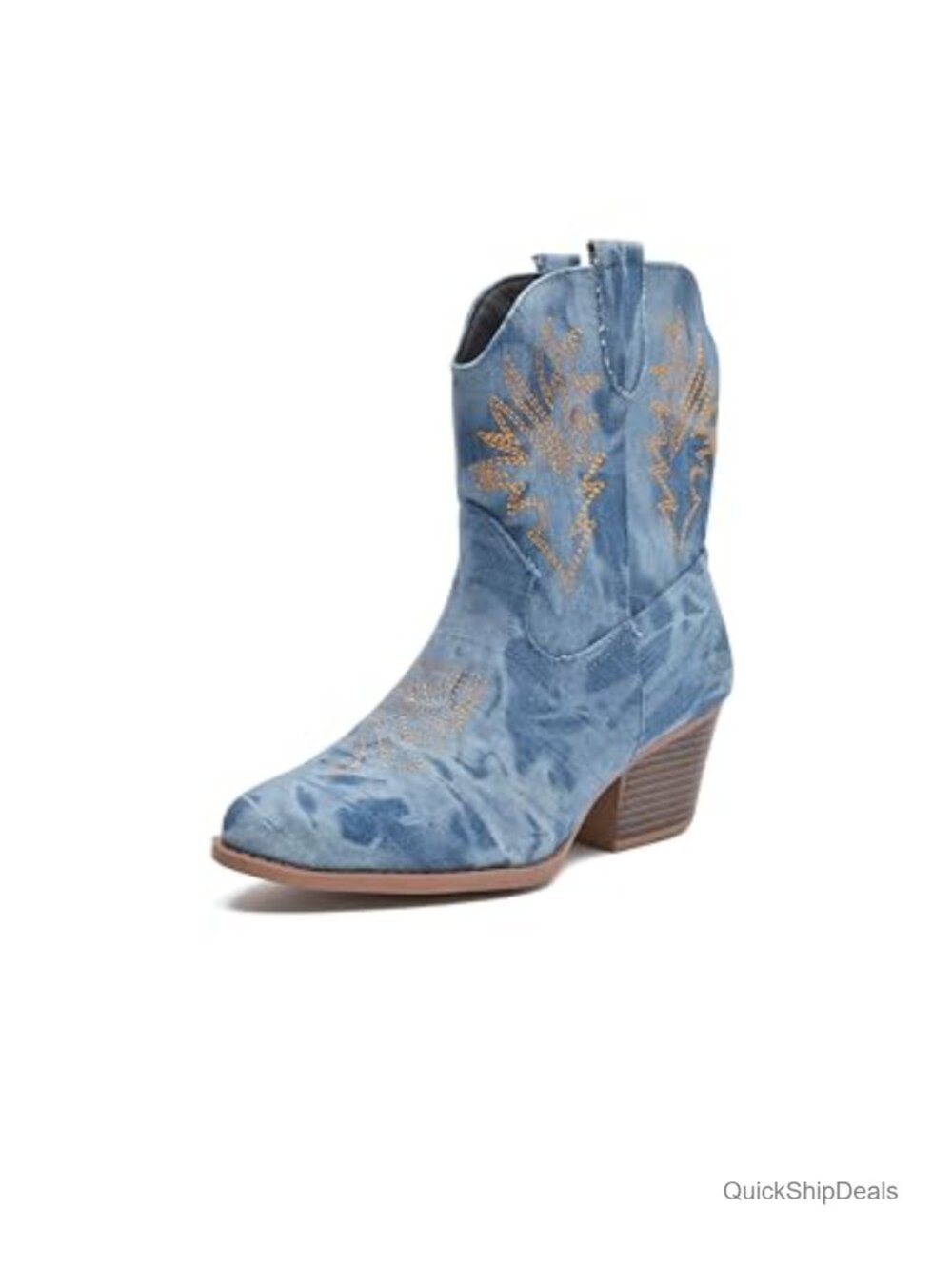 Western Embroidered Ankle Booties Pointed Toe Block Heel Cowgirl Boots